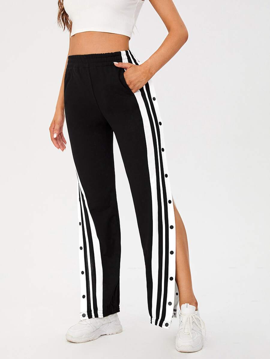 SHEIN Tall 側條紋紐扣細節下擺開叉衛褲 - 黑色 - 查看 1