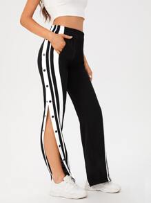 SHEIN Tall 側條紋紐扣細節下擺開叉衛褲 - 黑色 - 查看 3