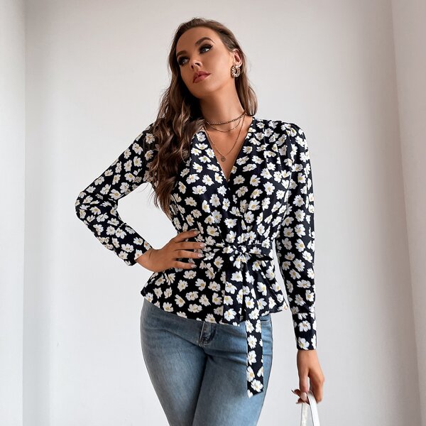 

Allover Floral Print Surplice Front Belted Peplum Blouse, Multicolor