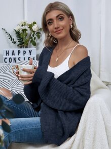 SHEIN LUNE Open Front Drop Shoulder Solid Cardigan,Long Sleeve Tops - Navy Blue - View 1