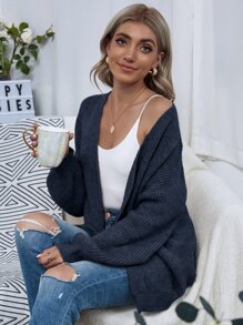 SHEIN LUNE Open Front Drop Shoulder Solid Cardigan,Long Sleeve Tops - Navy Blue - View 3