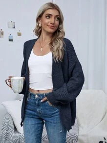 SHEIN LUNE Open Front Drop Shoulder Solid Cardigan,Long Sleeve Tops - Navy Blue - View 5