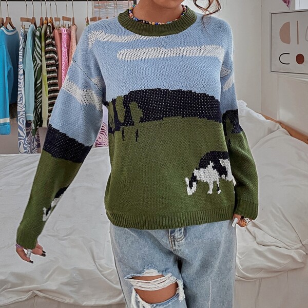 

Scenery Pattern Drop Shoulder Sweater, Multicolor