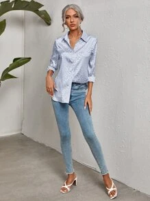 SHEIN Clasi 豹紋提花緞面襯衫 - 淺藍色 - 查看 3