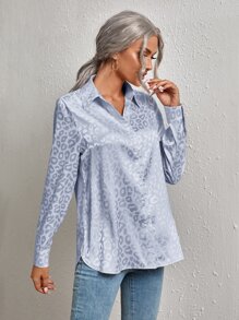 SHEIN Clasi 豹紋提花緞面襯衫 - 淺藍色 - 查看 5