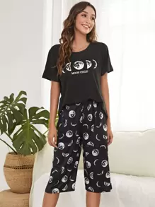 Letter & Moon Print Top & Trousers PJ Set - Black - View 1