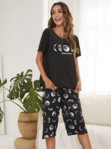 Letter & Moon Print Top & Trousers PJ Set - Black - View 3