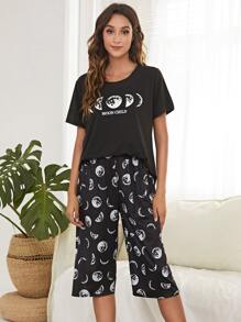 Letter & Moon Print Top & Trousers PJ Set - Black - View 4