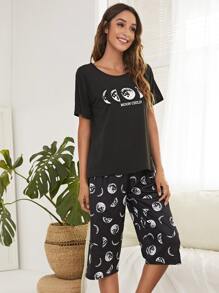 Letter & Moon Print Top & Trousers PJ Set - Black - View 5