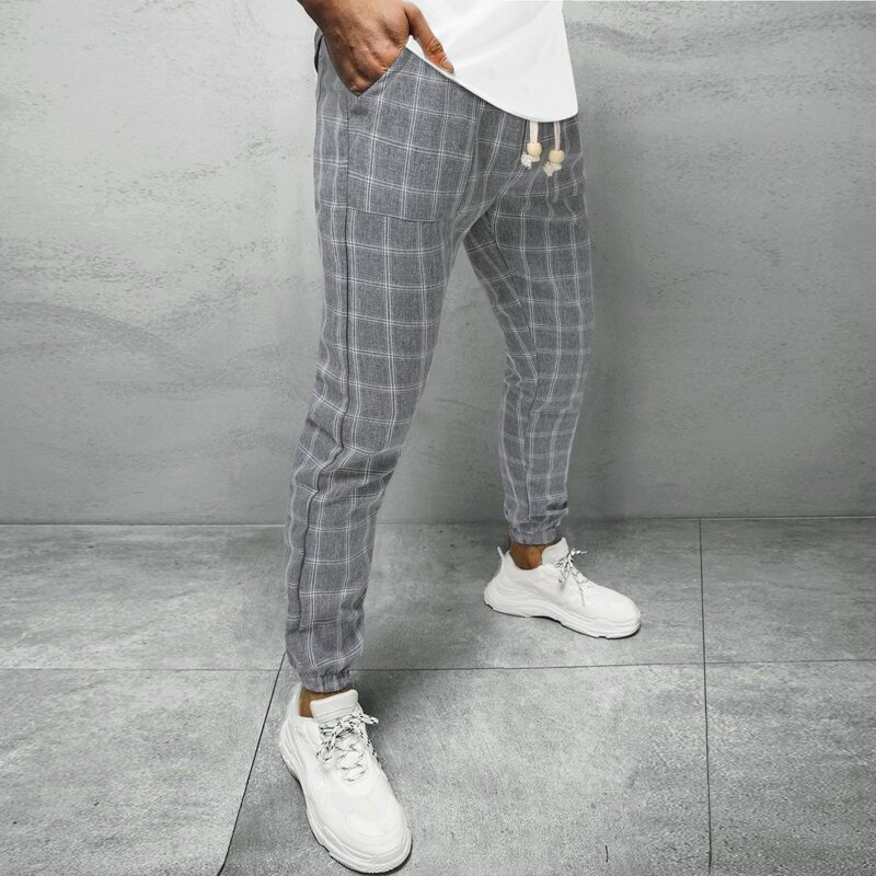 

Guys Plaid Drawstring Carrot Pants, Grey