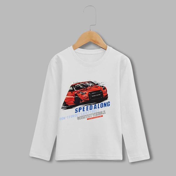 

Boys Slogan And Car Print Round Neck Tee, White
