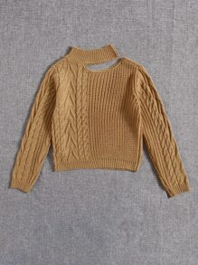 SHEIN Sparklyn Suéter De Cuello Simulado Para Niña Preadolescente Cortado Con Diseño De Tejido De Cable - Camel - Ver 2