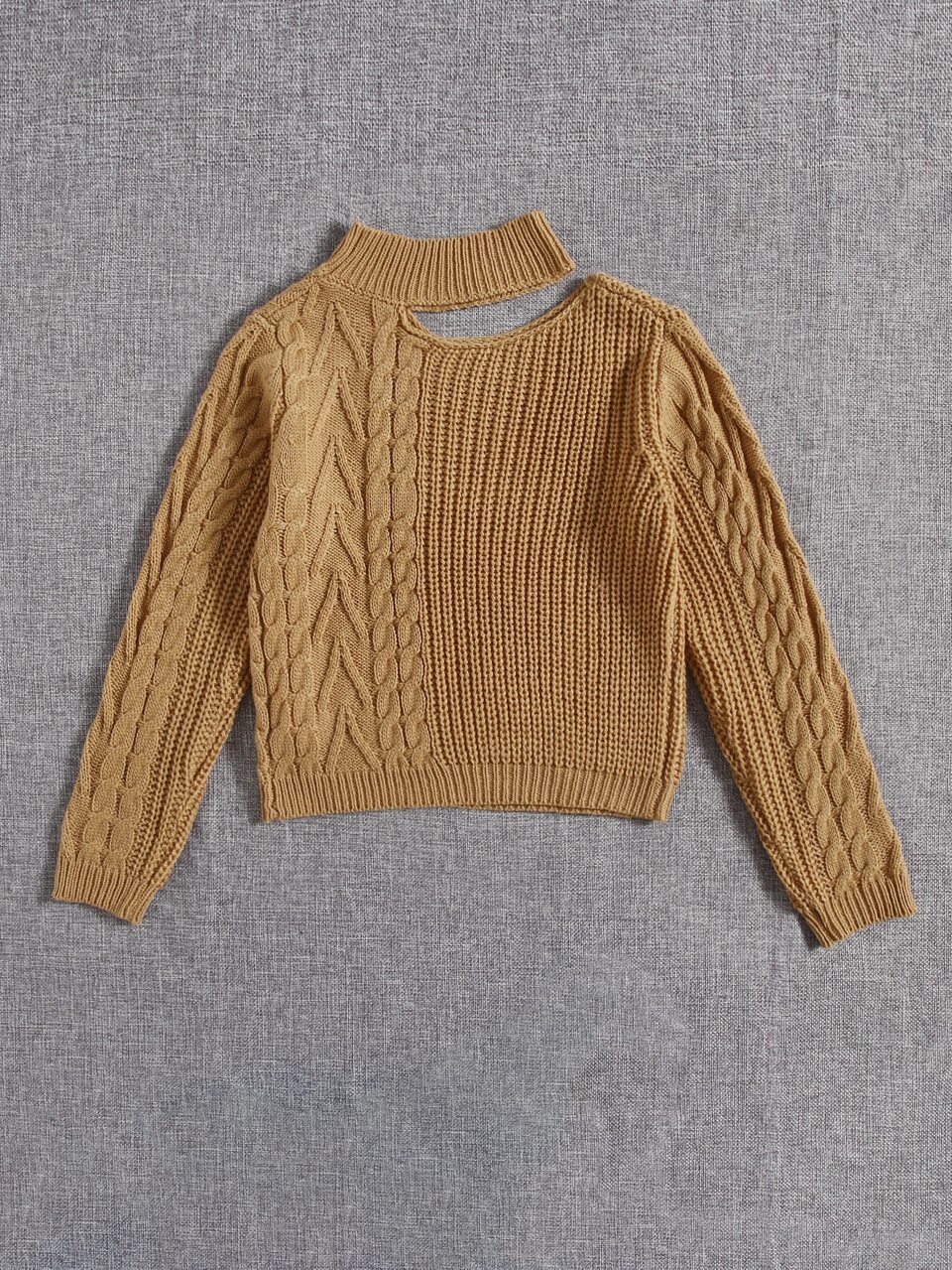 Tween Girl Cut Out Mock Neck Cable Knit Sweater Autumn Fall