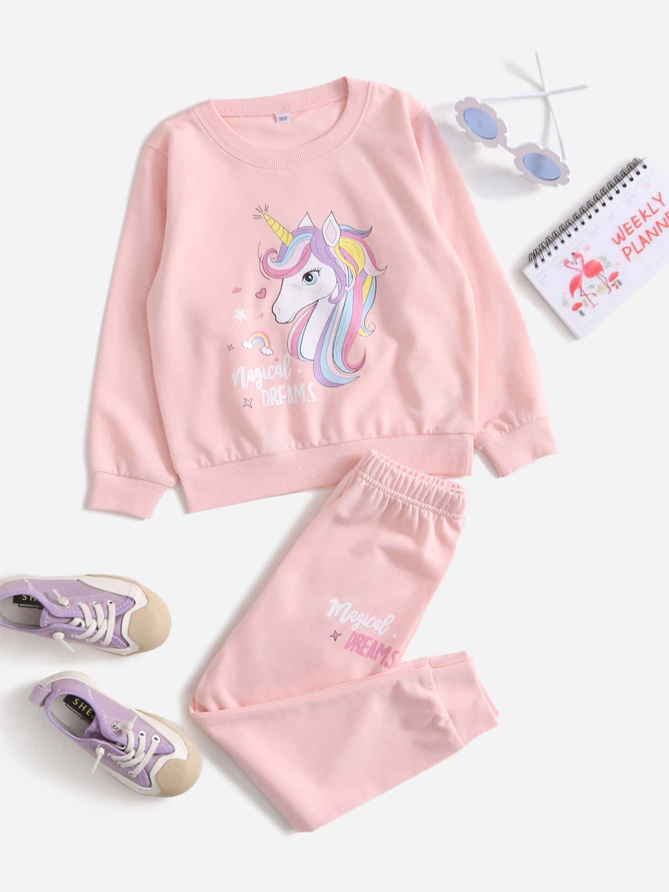 SHEIN 小女童獨角獸和字母圖案運動衫和衛褲 - 淺粉色 - 查看 1