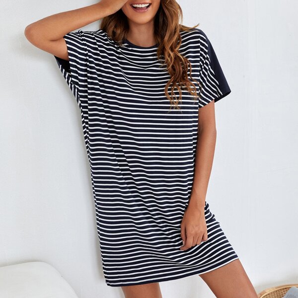 

Striped Print Lounge Dress, Blue and white