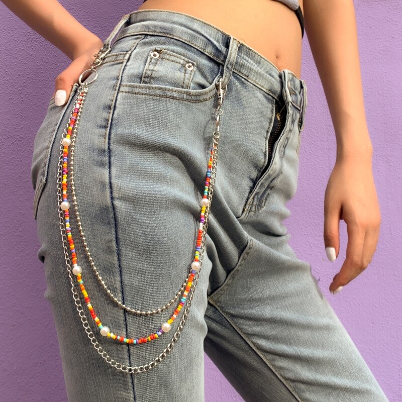 

Beaded Decor Layered Pant Chain, Silver
