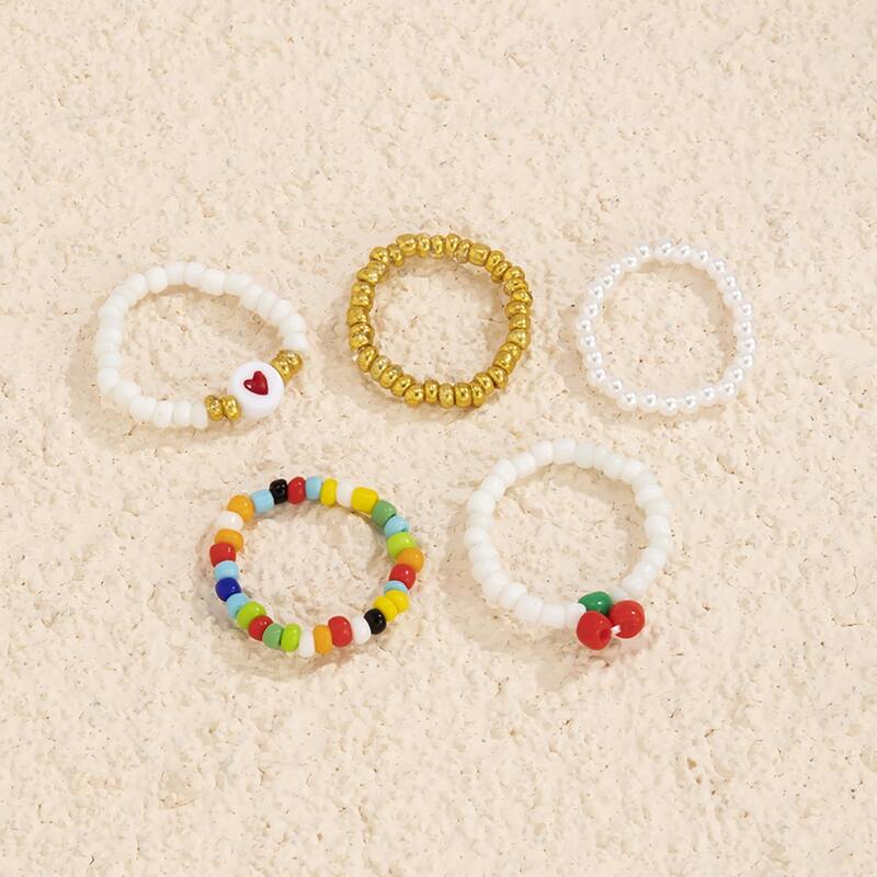 

5pcs Heart Beaded Ring, Multicolor