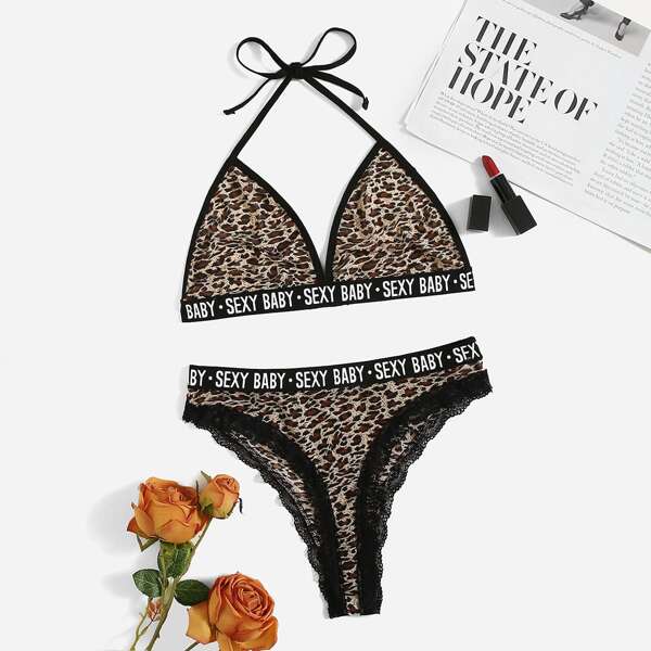 

Leopard Letter Tape Halter Lingerie Set, Multicolor
