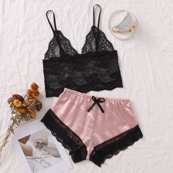 

Contrast Lace Satin Lingerie Set, Multicolor