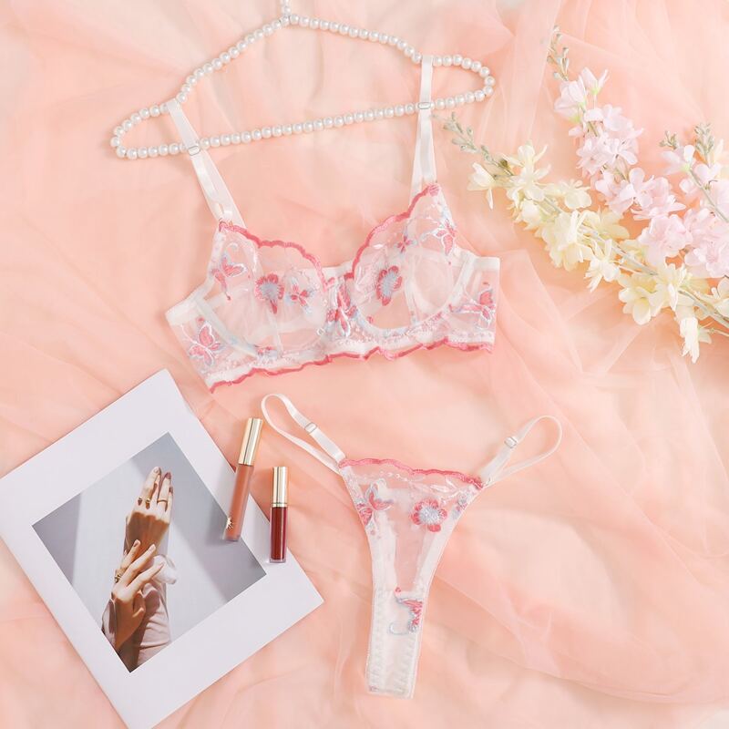 

Embroidered Mesh Underwire Lingerie Set, Pink