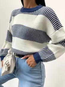 Casual Contrast Color Striped Drop Shoulder Sweater, Autumn/Winter - Blue and White - View 1