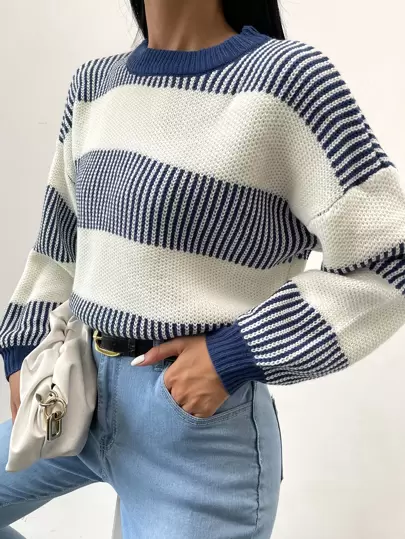 SHEIN LUNE Drop Shoulder Striped Pattern Sweater,Long Sleeve Tops Knit Pullover Fall Winter Outfit