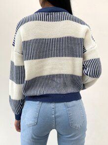Casual Contrast Color Striped Drop Shoulder Sweater, Autumn/Winter - Blue and White - View 2