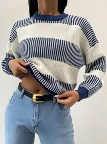 Casual Contrast Color Striped Drop Shoulder Sweater, Autumn/Winter - Blue and White - View 3