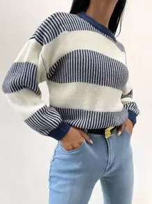 Casual Contrast Color Striped Drop Shoulder Sweater, Autumn/Winter - Blue and White - View 5