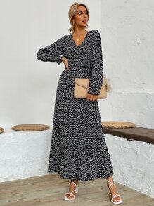 Ditsy Floral Shirred Waist Flounce Sleeve Ruffle Hem Dress - Black and White - View 5