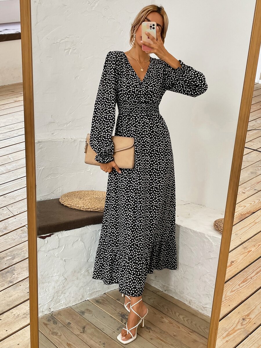 Ditsy Floral Shirred Waist Flounce Sleeve Ruffle Hem Dress - Black and White - View 1