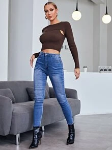 SHEIN Suéter súper corto unicolor con top de punto - Marrón Chocolate - Ver 3