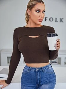 SHEIN Suéter súper corto unicolor con top de punto - Marrón Chocolate - Ver 4