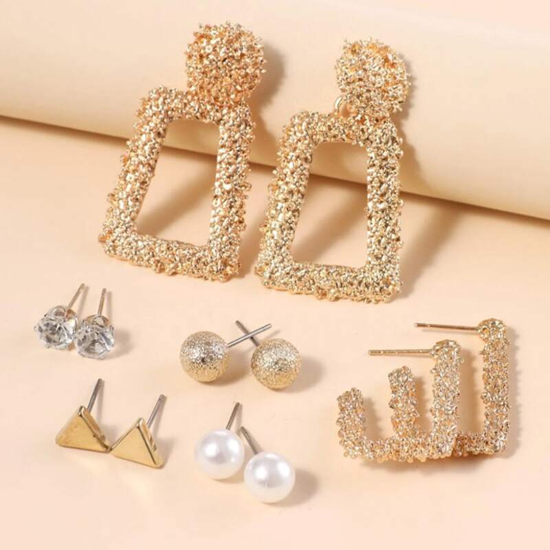 

6pairs Rhinestone & Faux Pearl Earrings, Gold