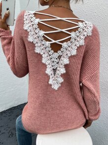 SHEIN LUNE 繫帶提花蕾絲落肩袖套頭毛衣 - 粉色 - 查看 1