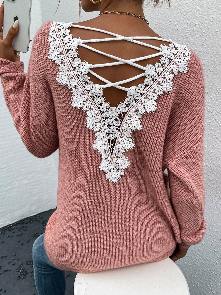 SHEIN LUNE 繫帶提花蕾絲落肩袖套頭毛衣 - 粉色 - 查看 1
