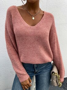 SHEIN LUNE 繫帶提花蕾絲落肩袖套頭毛衣 - 粉色 - 查看 2