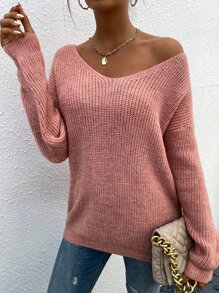 SHEIN LUNE 繫帶提花蕾絲落肩袖套頭毛衣 - 粉色 - 查看 4