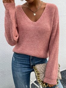 SHEIN LUNE 繫帶提花蕾絲落肩袖套頭毛衣 - 粉色 - 查看 5