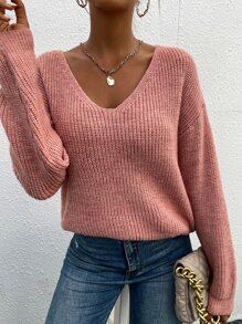 SHEIN LUNE 繫帶提花蕾絲落肩袖套頭毛衣 - 粉色 - 查看 6