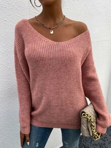 SHEIN LUNE 繫帶提花蕾絲落肩袖套頭毛衣 - 粉色 - 查看 7