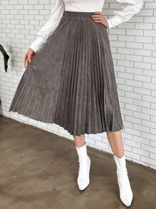 素色百褶半身裙 - 深灰色 - 查看 1