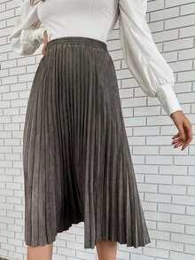 素色百褶半身裙 - 深灰色 - 查看 3