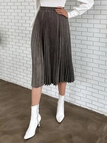 素色百褶半身裙 - 深灰色 - 查看 4