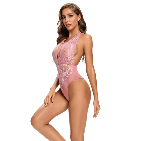 

Floral Lace Scallop Trim Teddy Bodysuit, Dusty pink