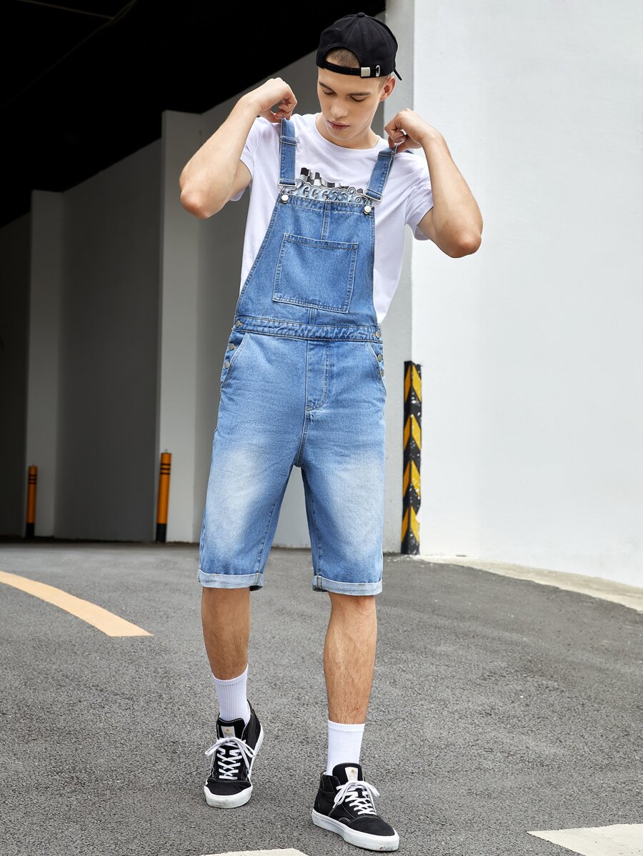 Manfinity 男士前口袋牛仔背帶褲 - 中等水洗藍 - 查看 1