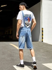 Manfinity 男士前口袋牛仔背帶褲 - 中等水洗藍 - 查看 2