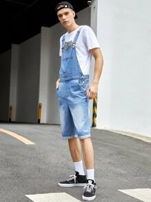 Manfinity 男士前口袋牛仔背帶褲 - 中等水洗藍 - 查看 3