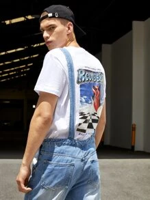 Manfinity 男士前口袋牛仔背帶褲 - 中等水洗藍 - 查看 4