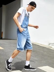 Manfinity 男士前口袋牛仔背帶褲 - 中等水洗藍 - 查看 5
